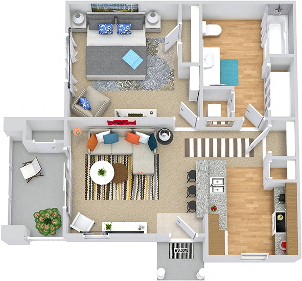 Floor plan for 1 bed, 1 bath, 633 sqft